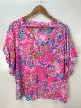 Lilly Pulitzer Pink Multicolor Floral V-Neck Ruffle Sleeve Top